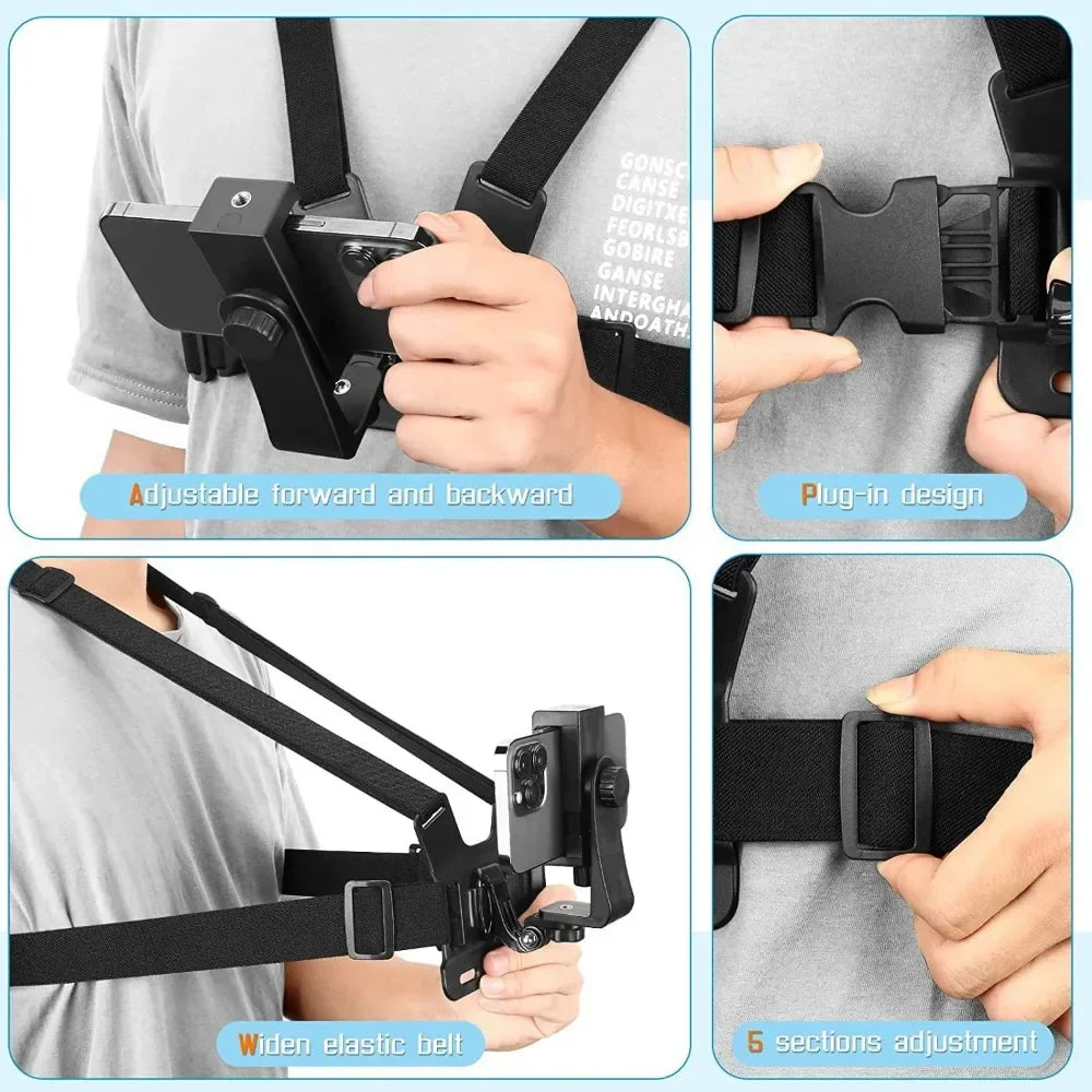 Suporte de Peito Ajustável para Celular – Fixação com Clip + Strap Torso para Sport / Câmera – Preto