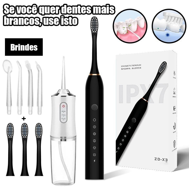 Kit Escova Elétrica + Irrigador Bucal 2 em 1 – Limpeza Completa, USB Recarregável