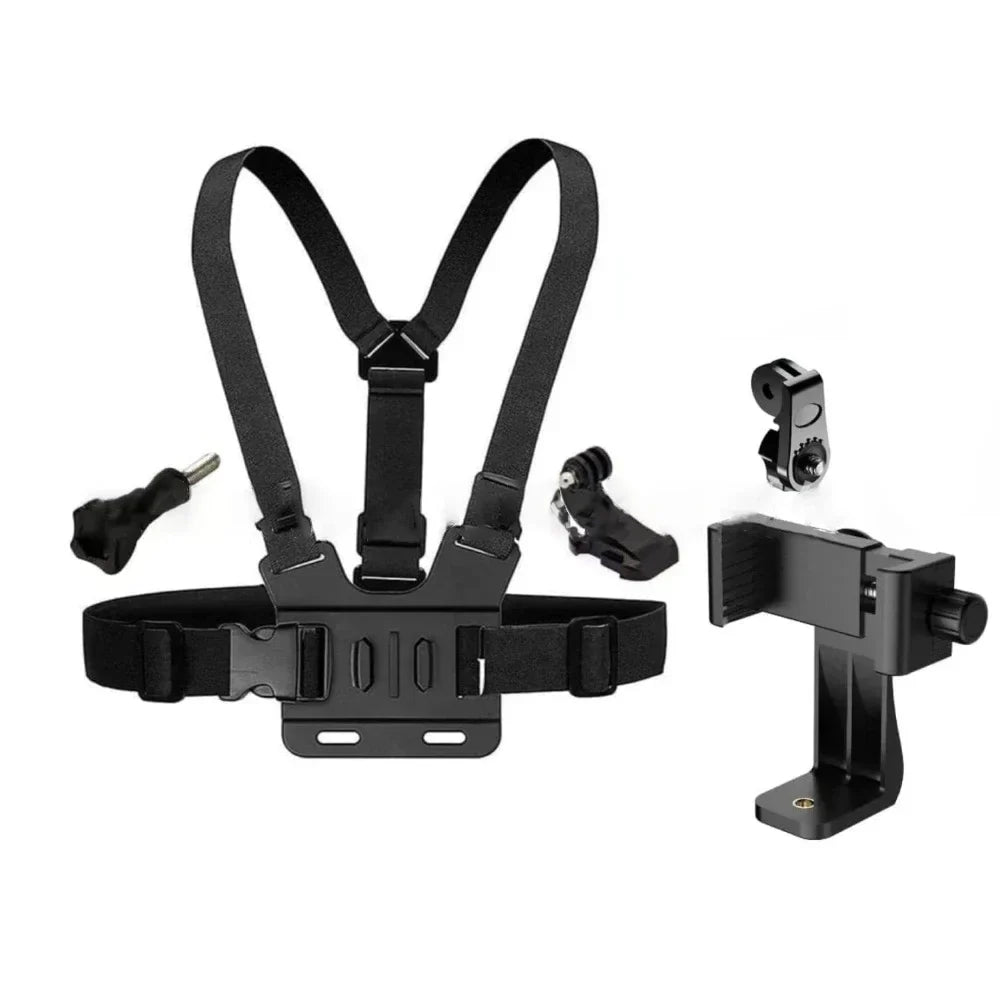 Suporte de Peito Ajustável para Celular – Fixação com Clip + Strap Torso para Sport / Câmera – Preto