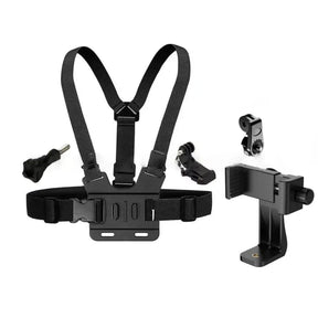 Suporte de Peito Ajustável para Celular – Fixação com Clip + Strap Torso para Sport / Câmera – Preto