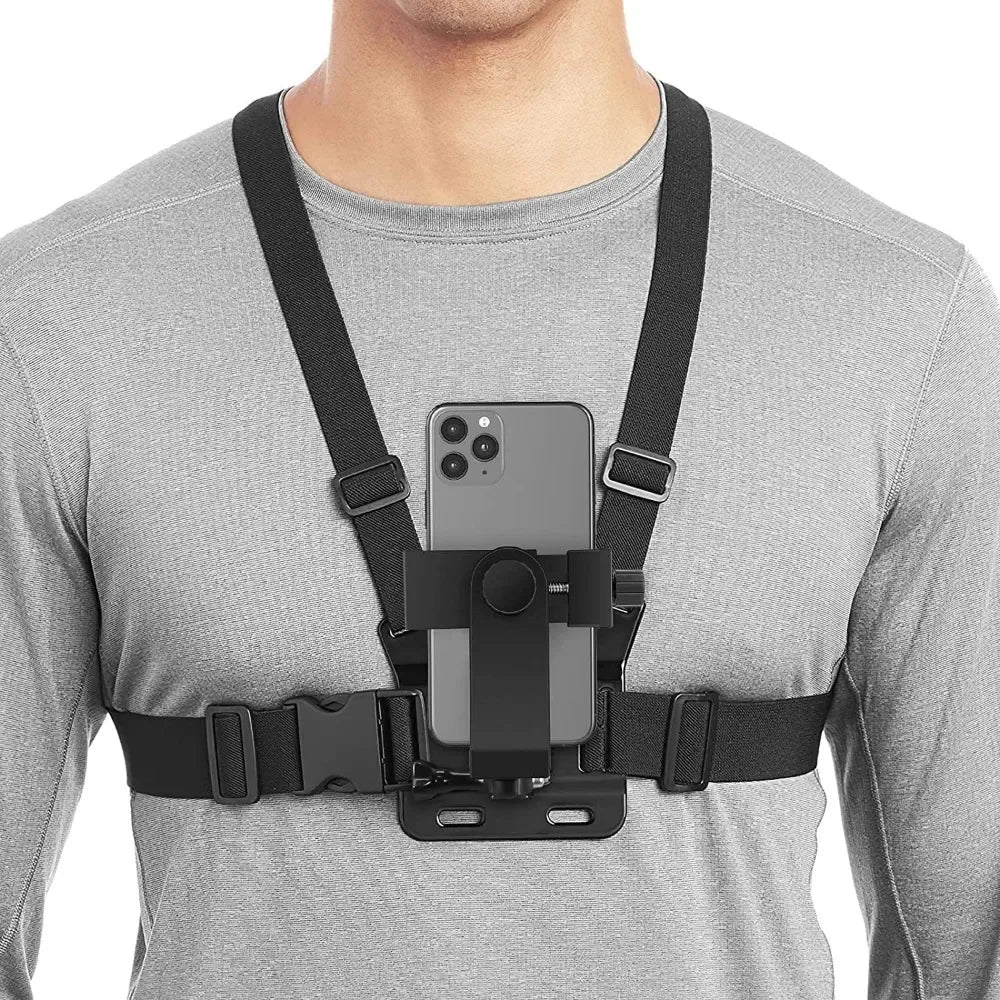 Suporte de Peito Ajustável para Celular – Fixação com Clip + Strap Torso para Sport / Câmera – Preto