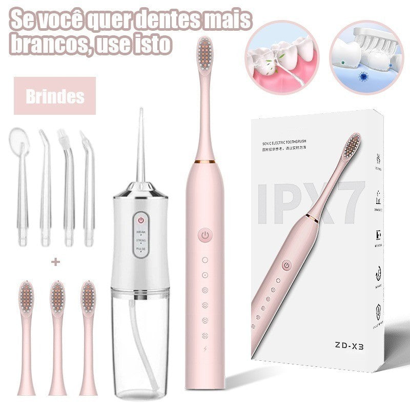 Kit Escova Elétrica + Irrigador Bucal 2 em 1 – Limpeza Completa, USB Recarregável