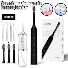 Kit Escova Elétrica + Irrigador Bucal 2 em 1 – Limpeza Completa, USB Recarregável